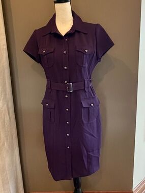 Sweet Women's Royal Purple Button Down Belted Cap Sleeve Dress, Size 8